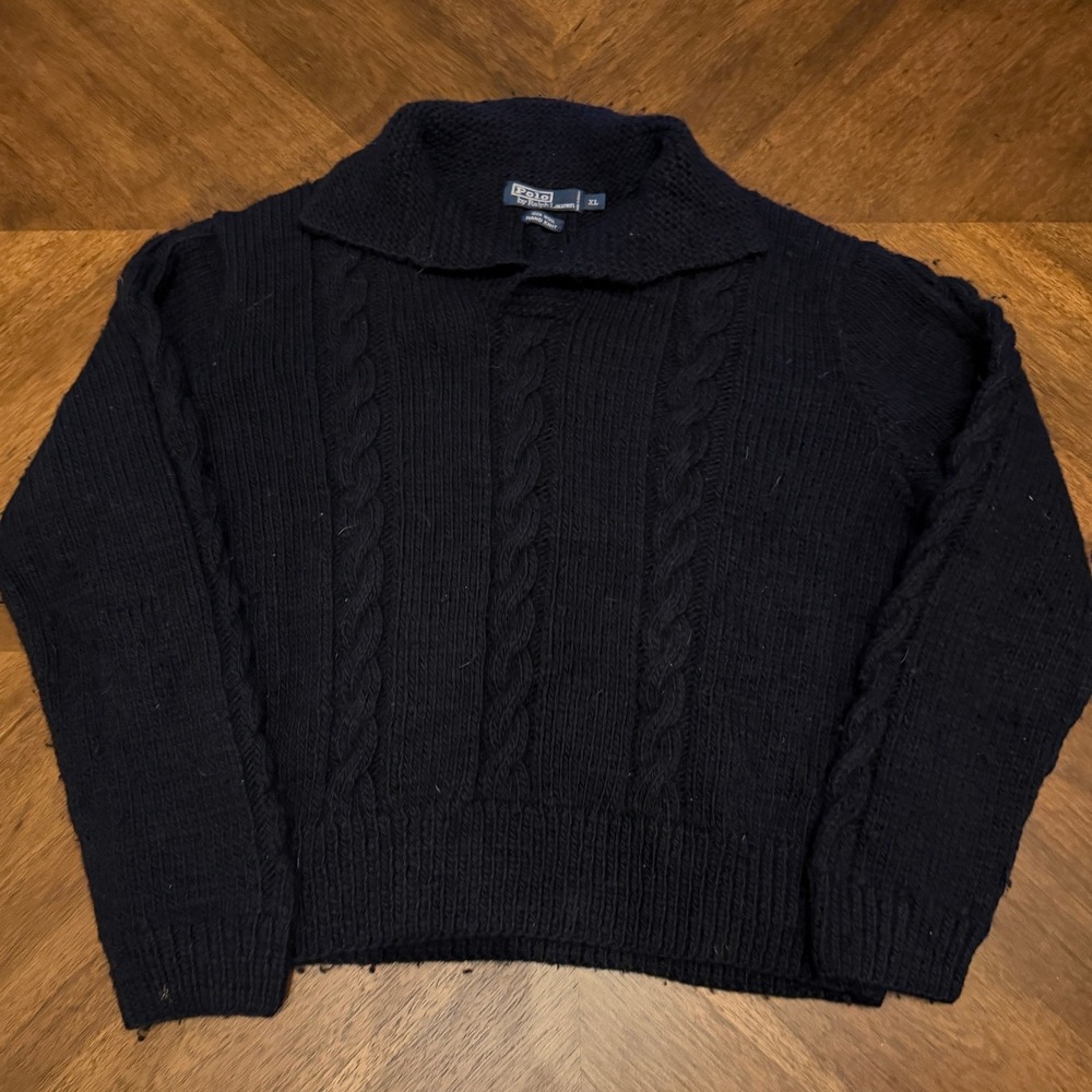 Polo Ralph Lauren Navy Blue 100% Wool Hand Knit Cable Sweater Mens XL Uruguay